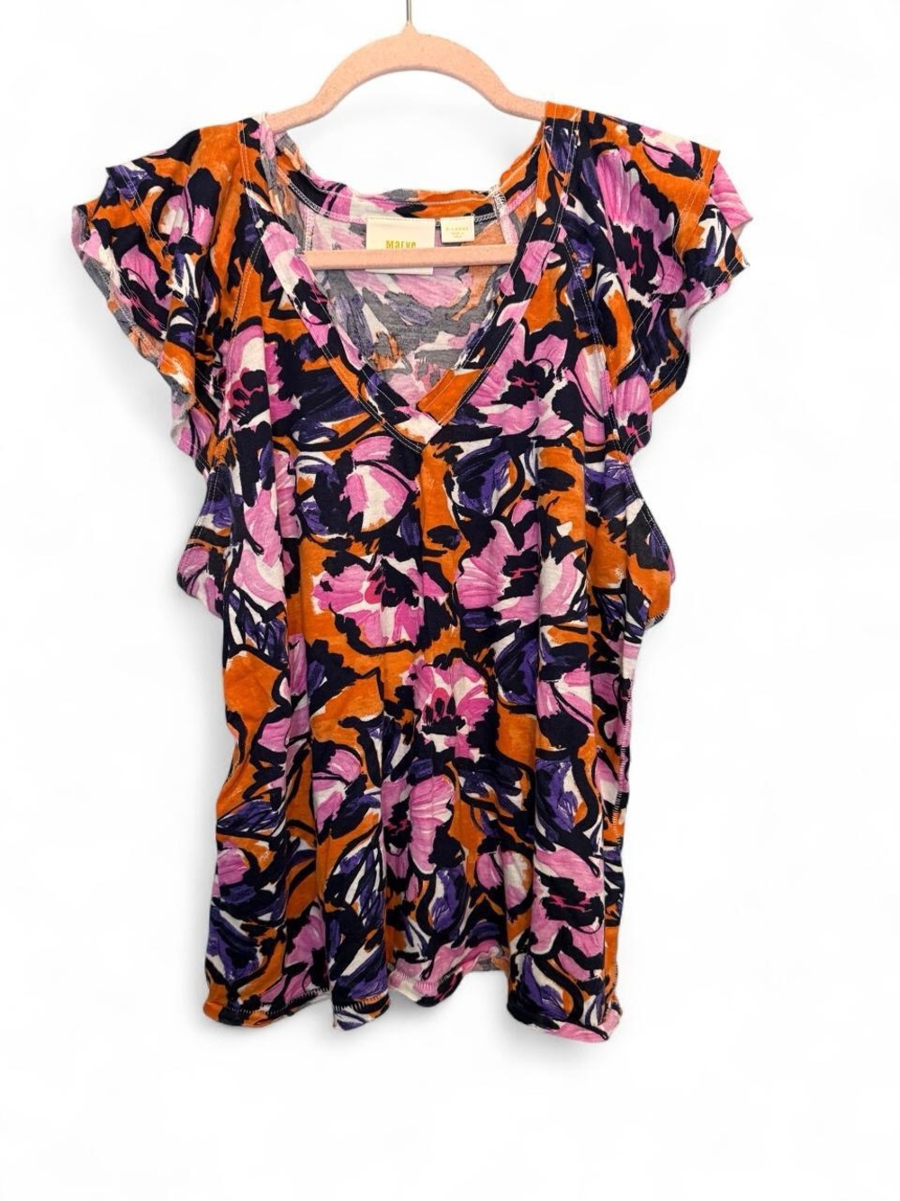 Maeve Anthropologie Catie Ruffle-Sleeved Floral Tee Blouse Size XL Boho Dopamine